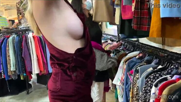 girls tits hang out showing nip slip while shopping in public