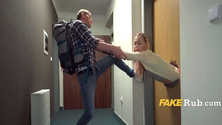 Blonde Stuck in Door: Double Penetration & Pussy Eating