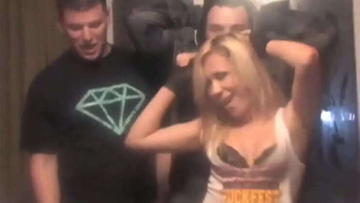 Teenage brunette gives blowjob in public
