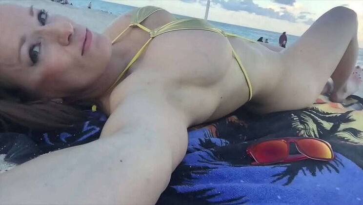 Jillian Weathers in Gold Bikini at Beach