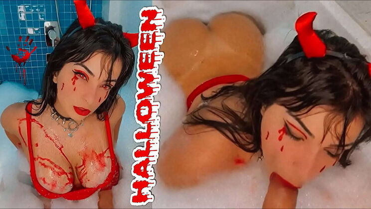 Hot Brunette Cosplay Girl Gives Blowjob to Huge Toy in Jacuzzi