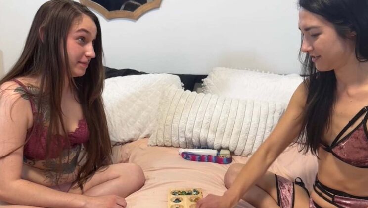 Two Hot Lesbian Teens Play Strip Game with Big Sex Toys - Aften Opal & Celestina Blooms