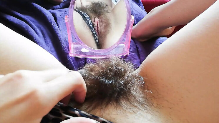 Extreme Hairy Bush Close-Up: Cuteblnde666 Plays in Front of Mirror