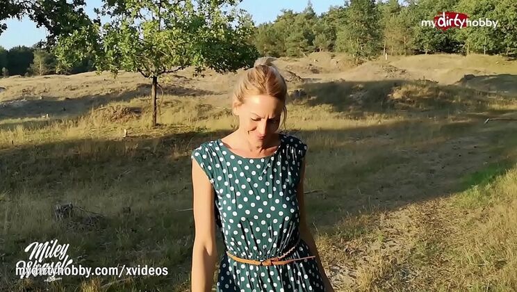 German MILF Miley Weasel gives double blowjob and gets creampied in the forest
