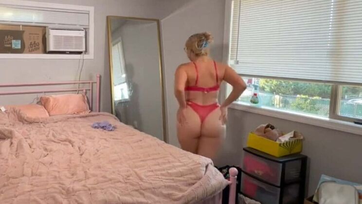 Blonde MILF Veronica Cruz Teases Small Dick Friend with Lingerie Show in Front of Mirror
