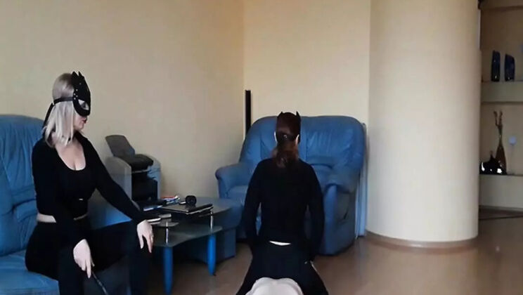 Monica Dominates Masked Slave in Pet Play Threesome - HD Femdom Training