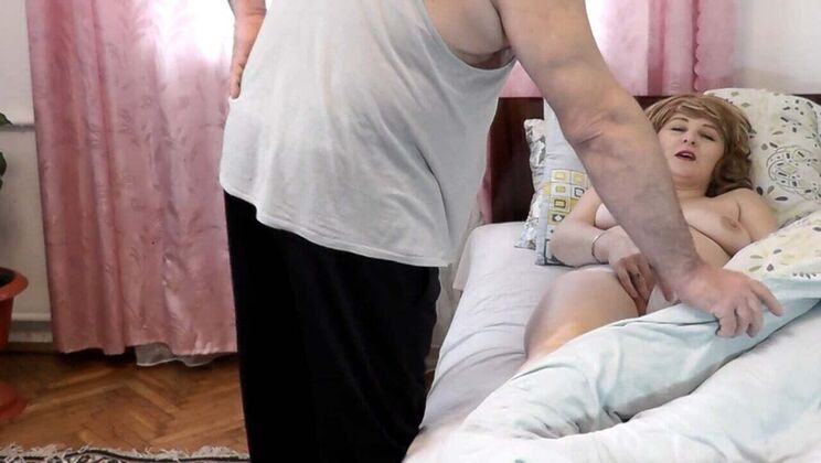 Sexy Blonde MILF Fingers Her Wet Pussy to Intense Orgasm and Squirts in Bedroom - Old Neighbor Walks In for Taboo Handjob