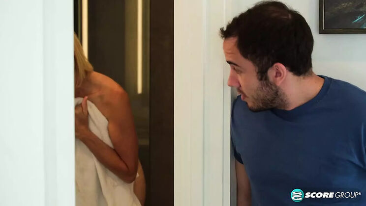 60 Year Old Blonde MILF Morgan Fucks Step-Son Hard in Bathroom - Big Tits & Facial Cumshot
