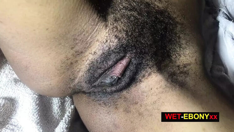 Wet Ebony Moans Loud & Vibrates in Loving Missionary - Big Cock & Hairy Pussy Close-Up