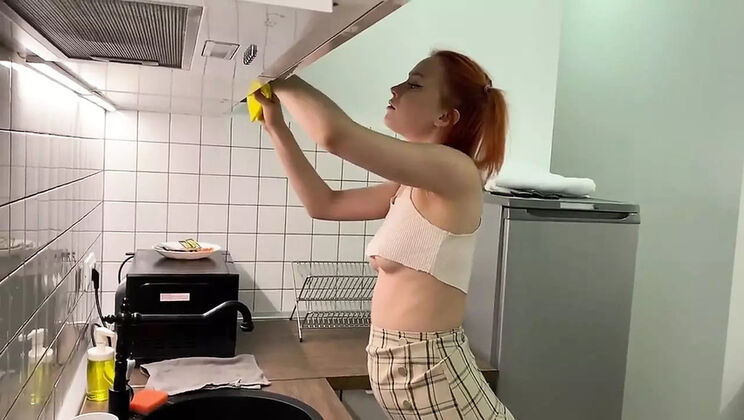 Sexy Redhead Teen Sheril Cleans Her Flat With No Panties & Skirt Up