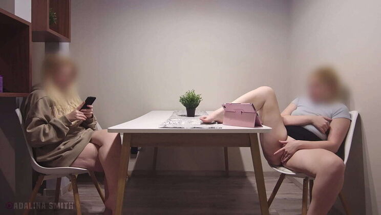 Hot Blonde Adalina Masturbates Watching Porn While Friend Scrolling TikTok