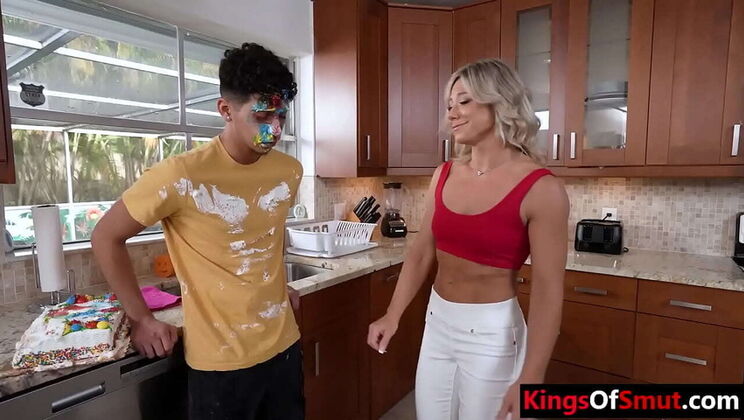 Hot Fit MILF Step Mom Blows Muscular Step Son For His Birthday