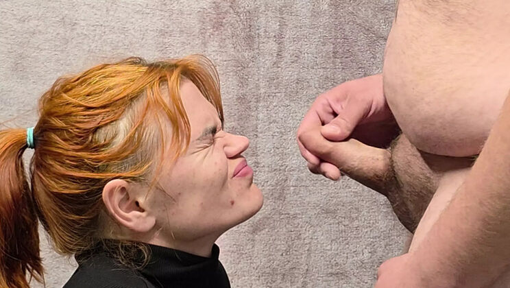 Hot Redhead StepMom Blows Chubby Man - Deep Throat & Facial Cumshot