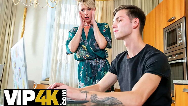 Blonde Cougar Cherry Aleksa Fucks Young Neighbor in Kitchen - Mature BJ & Stockings
