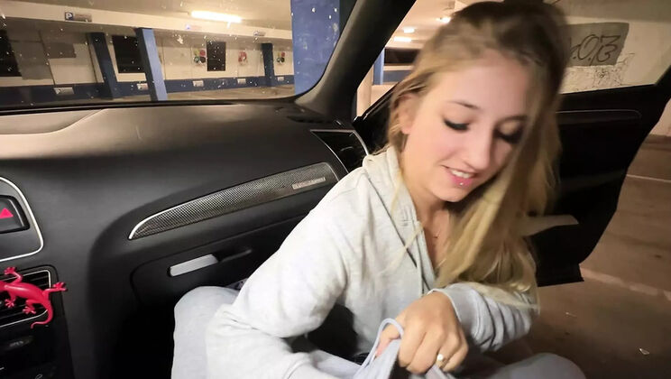 Blonde teen stepsister gets creampied by stepbro in parking garage - POV fuck