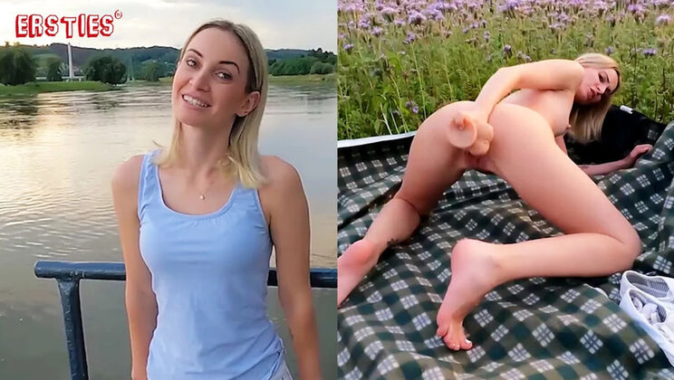 Blonde German Amateur Micky Muffin Shakes Hard with Big Dildo Outdoor
