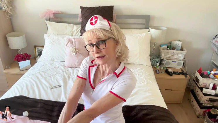 Hot Blonde Granny Nurse Jacy Teases in Lingerie & Fishnets - Solo Masturbation 4K