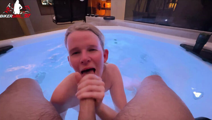 Hot Teen Bikergirl Gives Risky Blowjob in Spa - Facial Cumshot in Mouth