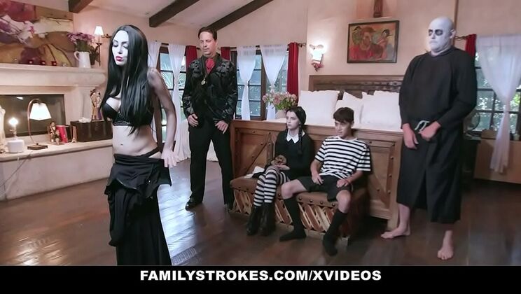 Halloween Threesome: Costumed Teen Kate Bloom & MILF Audrey Noir Fucked Hard by Stepdad