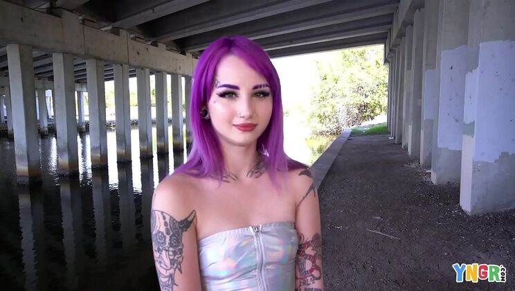Val Steele - Purple Hair Punk Teen Takes Big Cock in Shower Bang
