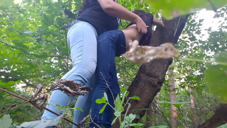 Hot Brunette Lesbians Fuck with Strap-On in the Forest - Wild Public Sex