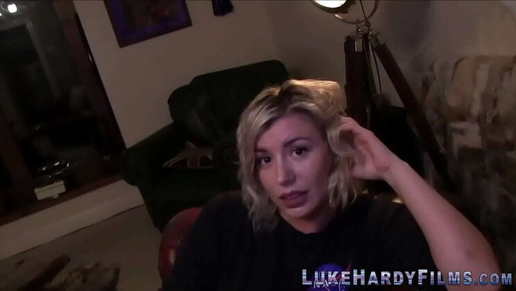 British blonde slut Yuffie sucks Luke Hardy's big cock POV