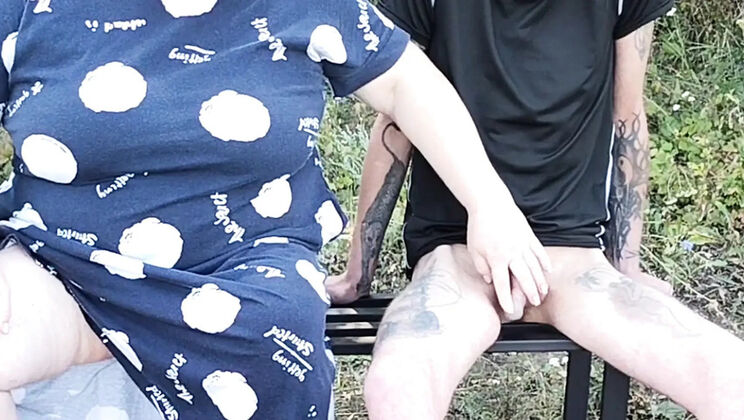 MILF Mother-in-Law Fingering Dick on Park Bench - Public Blowjob & Cumshot