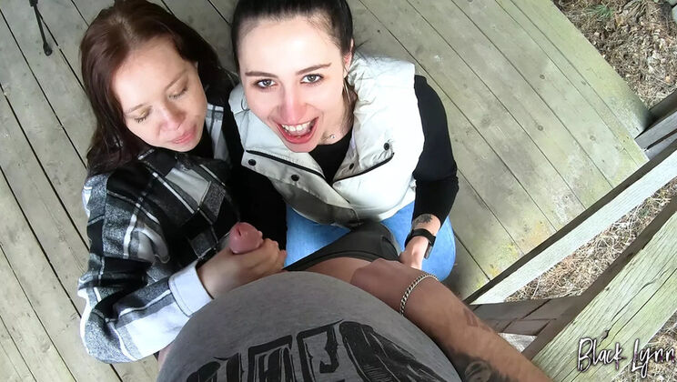 BTS Outdoor Threesome Blowjob POV with Simon Winternight - Amateur Public Cum Swallow