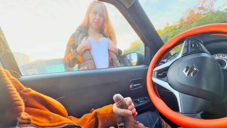 Public Dick Flash in Car - Stranger Girl Catches Me Jerking Off, Shows Boobs and Helps Me Cum