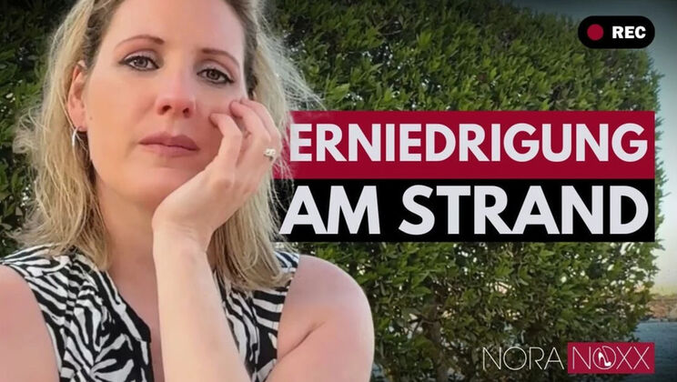 German Mistress NoraNoxx Degrades Skinny Blonde Slave on Public Beach - HD Outdoor Humiliation