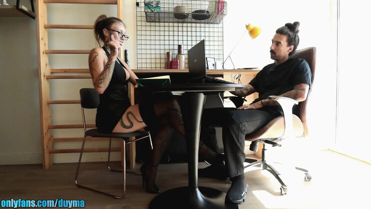 Office Boss Hellerotica Fucks Secretary on Desk in Lingerie and Stockings
