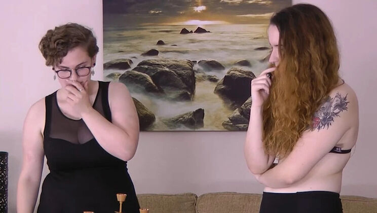 Big Tits Lesbian Game: Julie & Sassy Lose Bet for Strip Body Shots