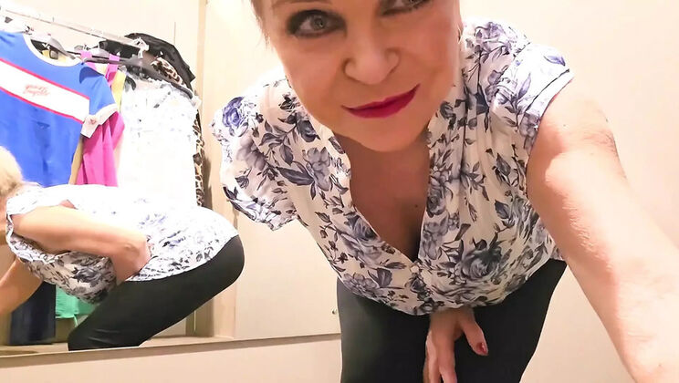 Discreet MILF Jenny Masturbates with Huge Natural Tits in Changing Room