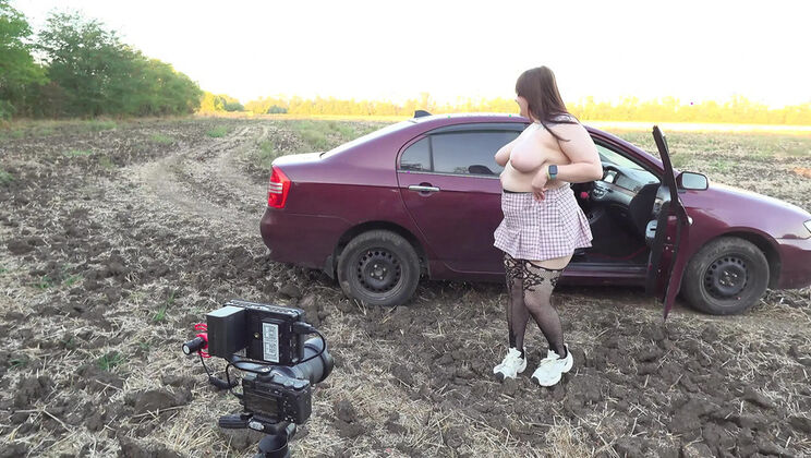 Polly Sweet Big Tits Brunette MILF Masturbates with Vibrator in Car - Amateur BBW Outdoor Sex