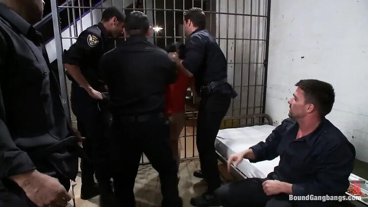 French MILF Brunette Gangbang Pounded Hard by 5 Prison Guards - Anal, Blowjob, Facial