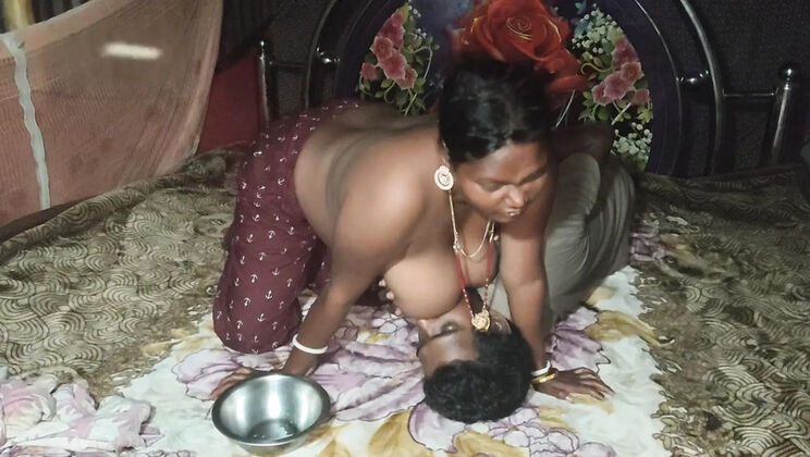 Hot Indian housewife milking her big tits for morning tea