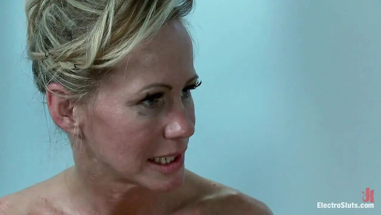 Blonde MILFs Chanel Preston and Simone Sonay Shocked with Electric Rocket Strap On