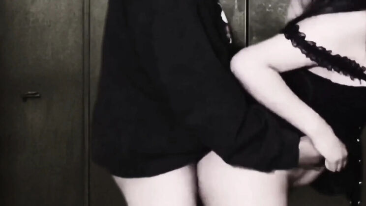 Teen in Skirt and Fishnet Stockings Gets Creampie in Elevator