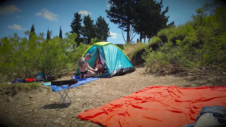 Blonde Wife Got Brutally Fucked by Two Guys in a Tent - Amateur Gangbang with Facial