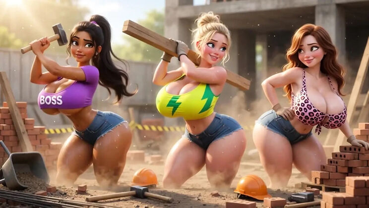 Three Hot Lesbian Construction Babes Share Steamy Threesome After Long Hard Work Day (AI Generated)