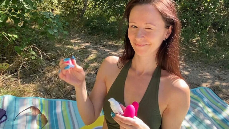 Brazen Brunette MILF RonyaRabe Masturbates with Vibrator on Public Beach