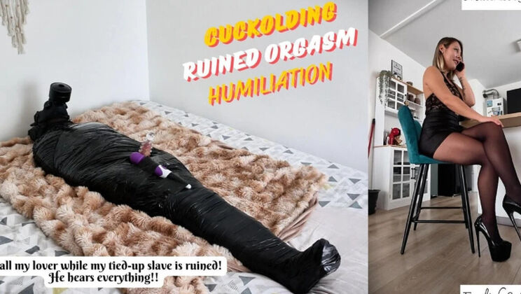Mistress Julia Calls Her Lover While Tied Slave Listens & Gets Ruined - Femdom Humiliation