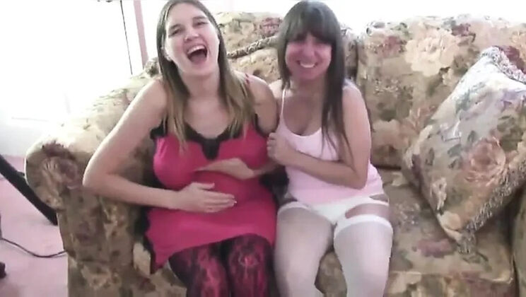 Young lesbian slut with big belly licks mature slut's pussy after her cunt gets eaten
