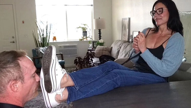 Goddess Zephy Makes Leashed Slave Lick Dog Mess Off Dirty Sneaker Soles